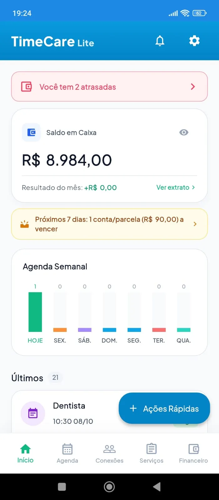 Tela de Dashboard com saldo em caixa e compromissos agendados no TimeCare Lite